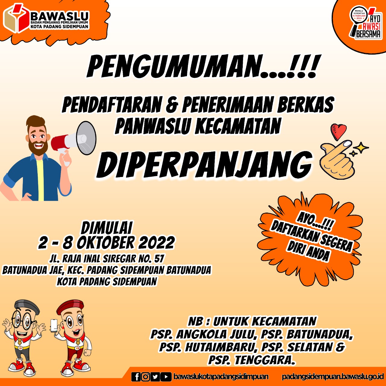 Pendaftaran Panwaslu Kecamatan diperpanjang!!! Yuk. Tunggu apa lagi segera daftarin diri kamu