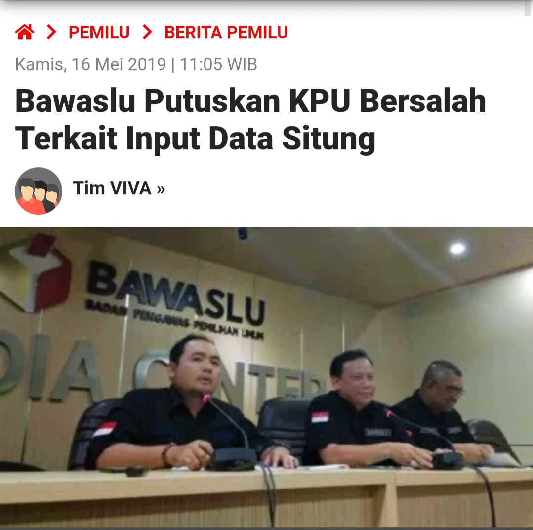 Bawaslu Putuskan KPU Bersalah Terkait Input Data Situng